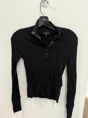 rag & bone Black Ribbed Snap-Front Long Sleeve Top
